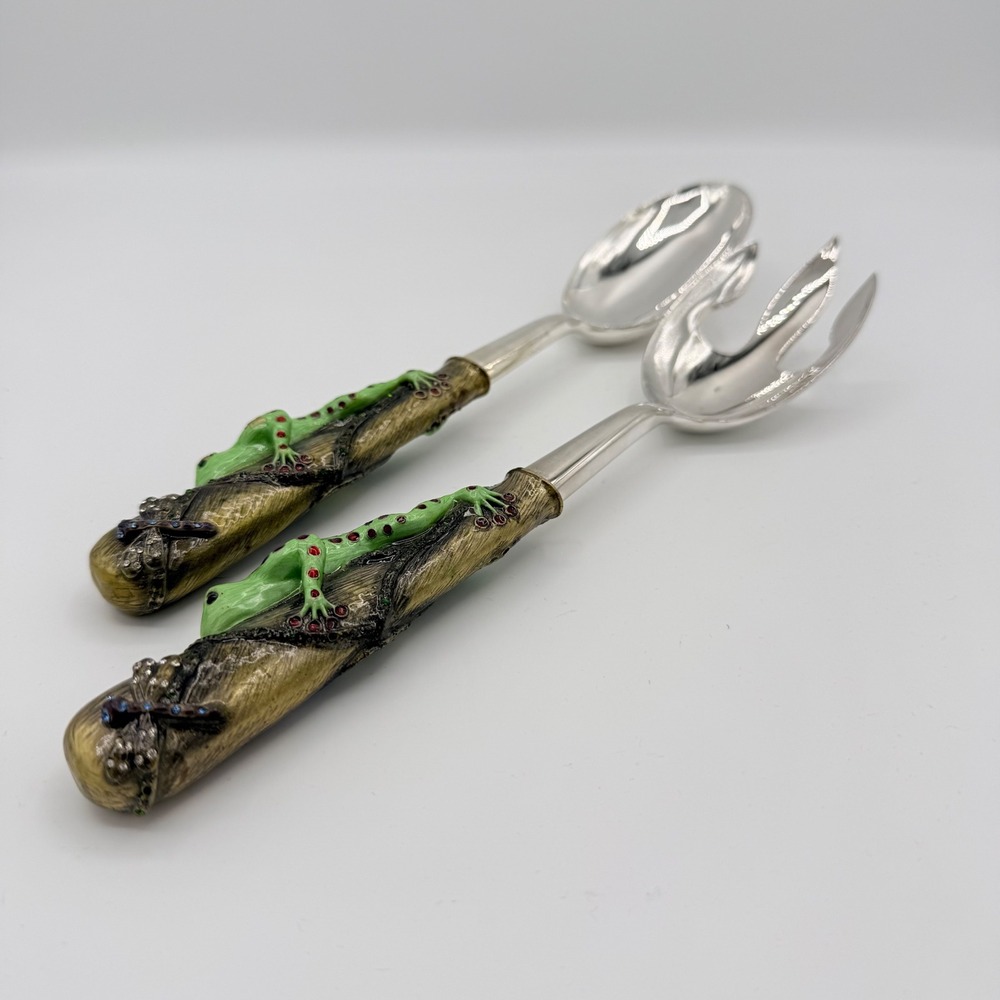 Vintage Frog & Dragonfly Salad Serving Set Resin Handles Silver Tone 11" - Picture 8 of 9